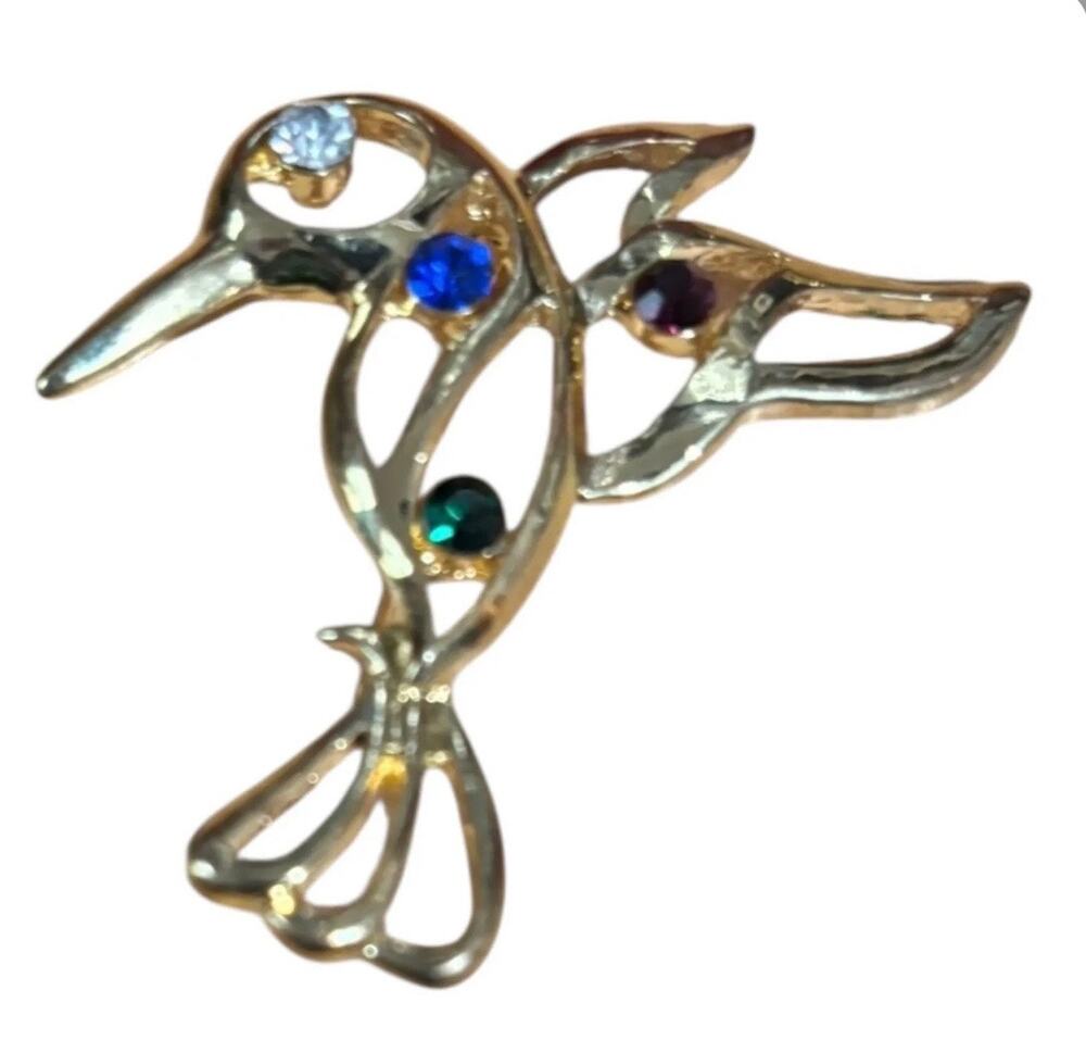 Vintage Gold Tone Hummingbird Brooch Colorful Rhinestones Mid Century Bird Pin